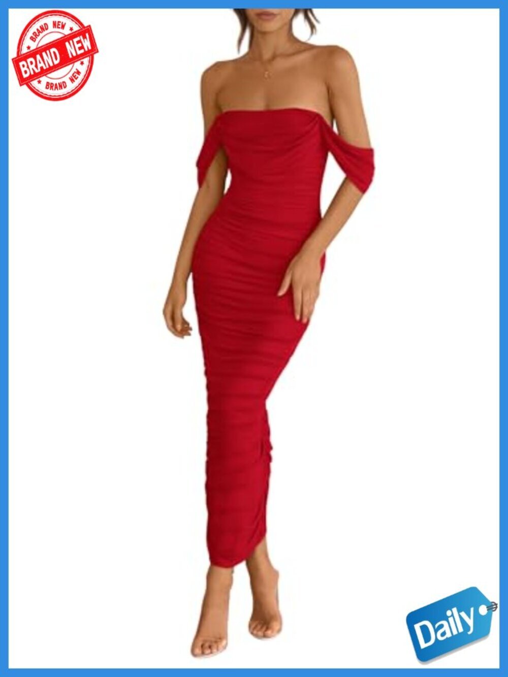 Off Shoulder Bodycon Mesh Maxi Dress with Back Slit, Ruched Formal Maxi